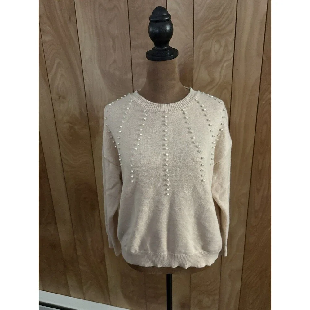 SHEIN Women’s Beige Sweater With Pearl Embellishments Size Small - Picture 1 of 5